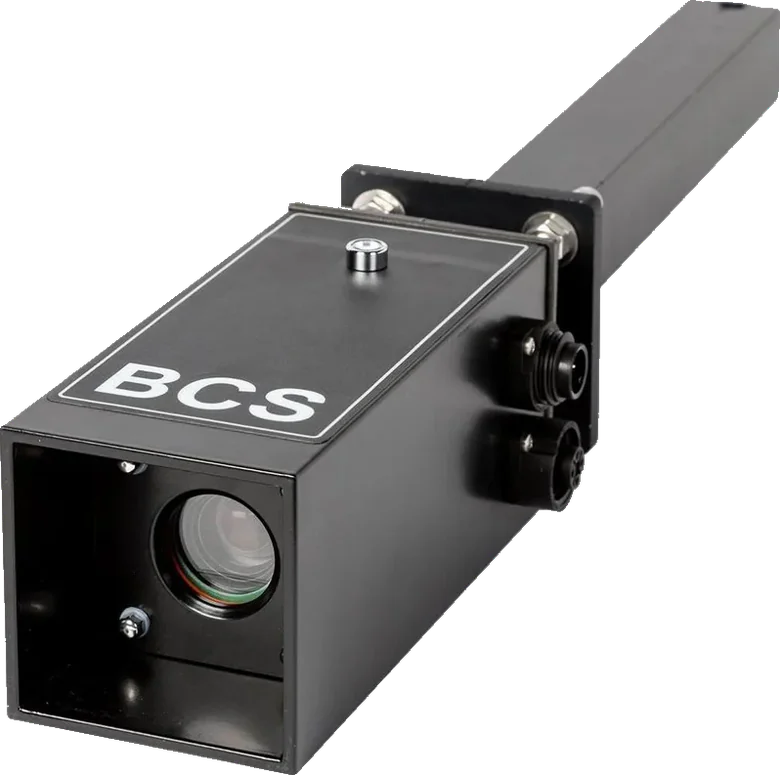 The BCS wireless zoom crane camera: a black rectangular housing with a lens at one end and two sealed cable glands on the side