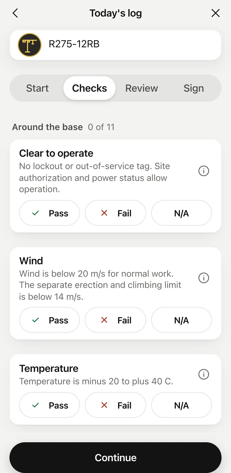 Today's log on a phone: the R275-12RB's daily check items from its manual, each answered Pass, Fail or N/A