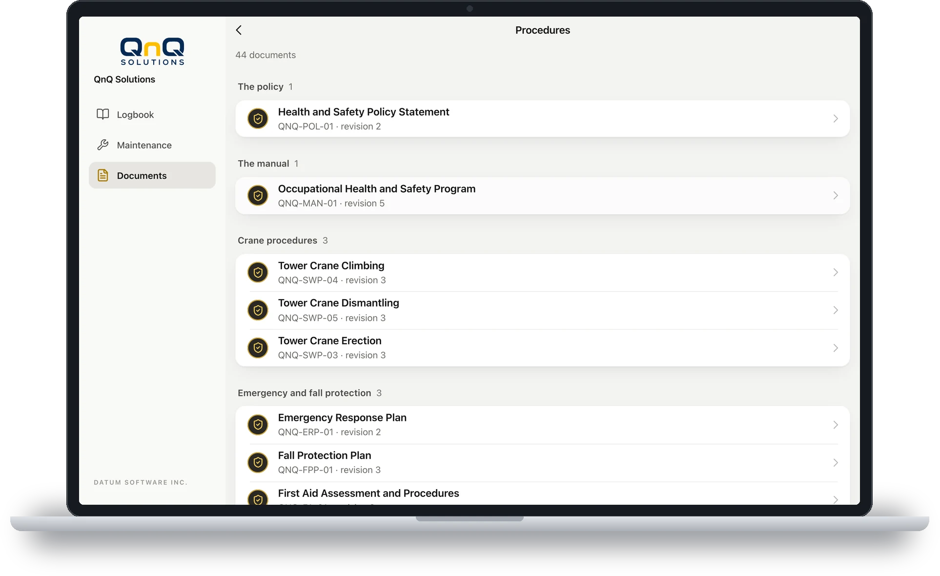 The same crew link open on a computer: QnQ's procedures listed, from the safety policy and the safety program to the crane procedures