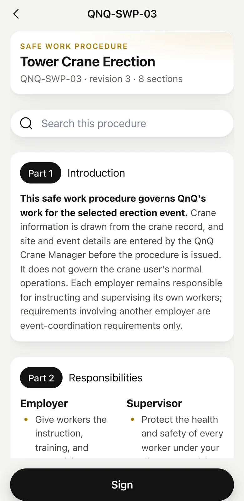 QnQ's Tower Crane Erection safe work procedure, QNQ-SWP-03 revision 3, open on a phone with the Sign button