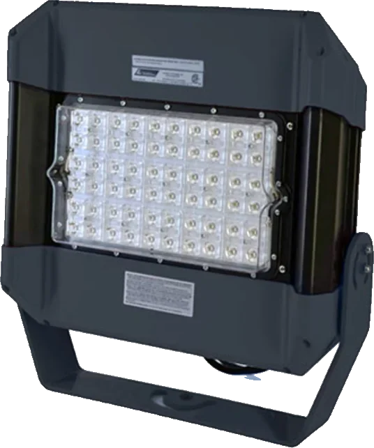A high-powered LED site floodlight on a yoke bracket, its lens panel filled with LED cells