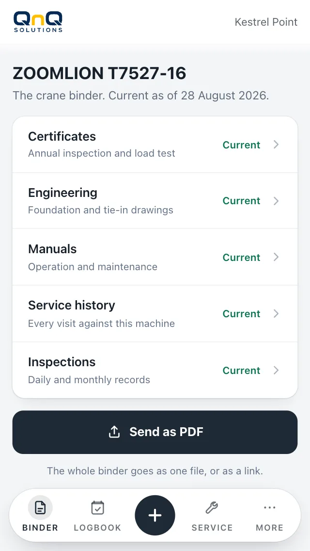 The crane binder on a phone: certificates, engineering, manuals, service history and inspections, each marked current, with a Send as PDF button