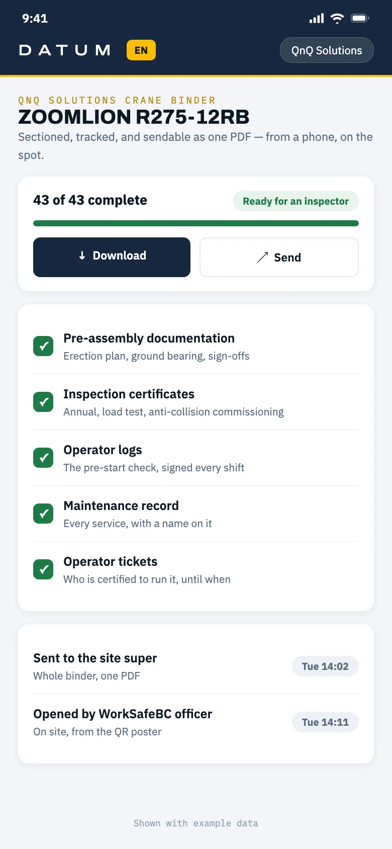 The crane binder in Datum: sections of documentation with completion tracked, ready to download or send
