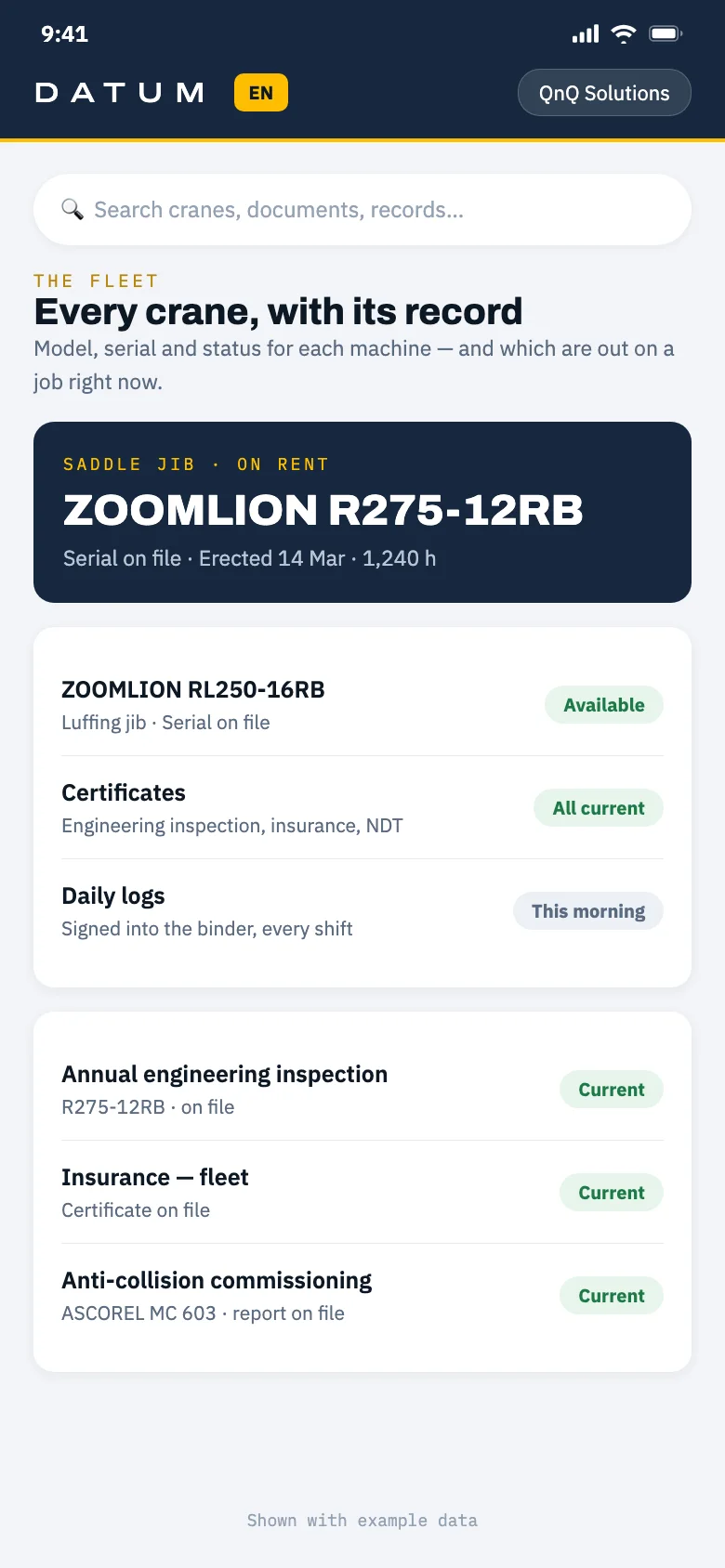 The crane register in Datum, listing four ZOOMLION tower cranes with serial numbers and status