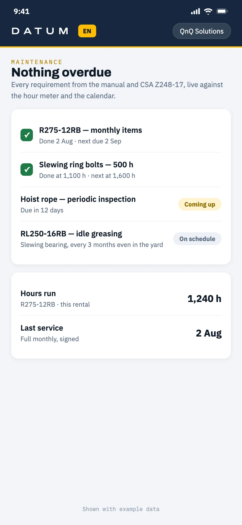 The maintenance record in Datum: last service date, services completed, hours run, nothing overdue